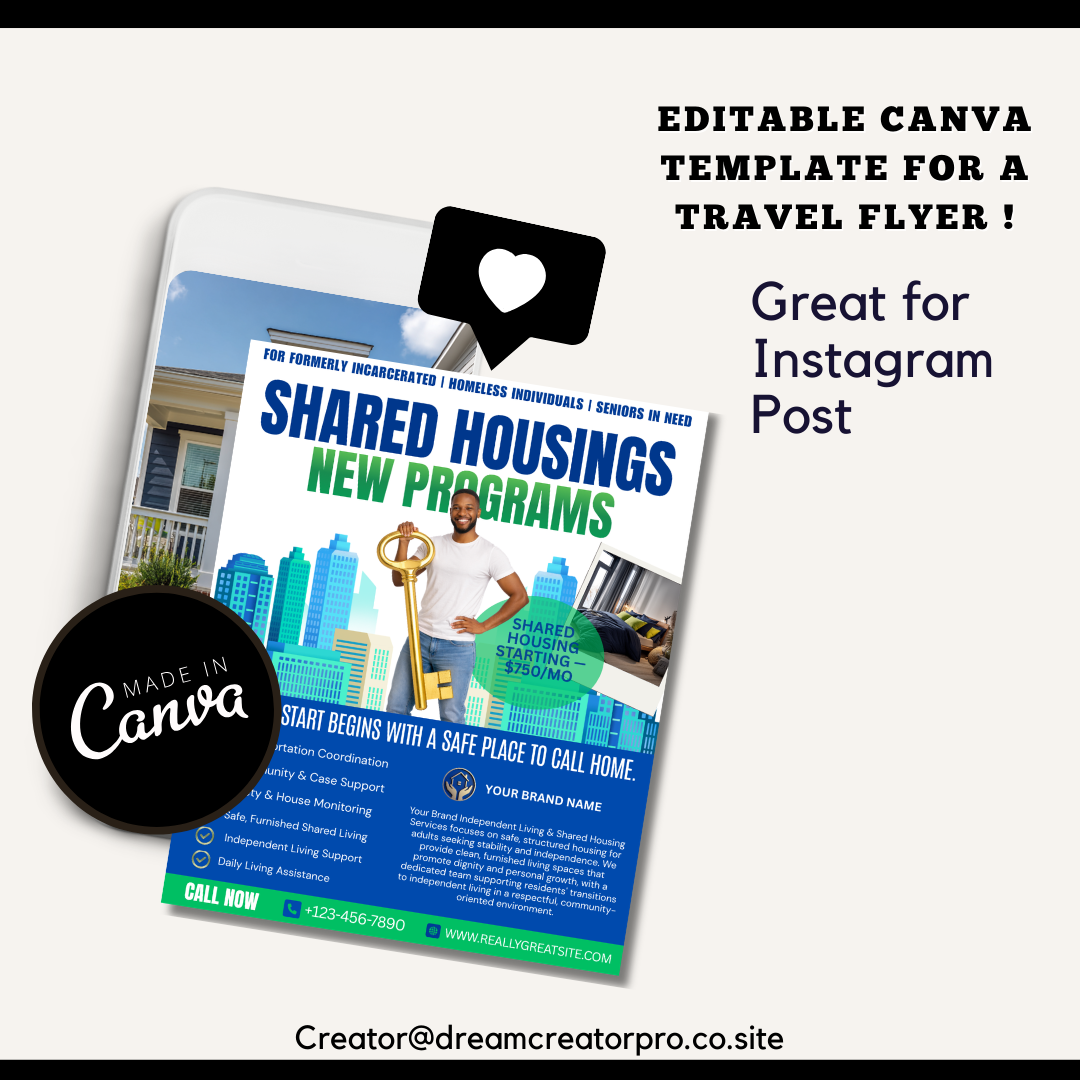 Shared Housing Flyer Template | Affordable Living Canva Flyer | Transitional Housing Room Rental Ad | Editable Design (Copy) (Copy)