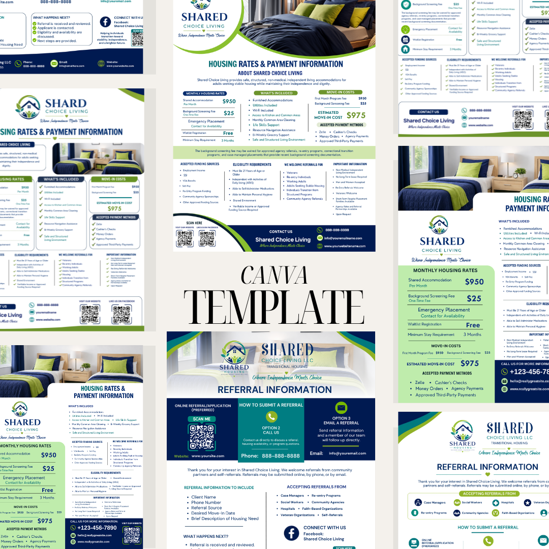 Shared Housing Marketing Bundle Canva Templates | Referral Sheet, Pricing Guide & Rack Card | Transitional Housing | ILF Marketing Kit
