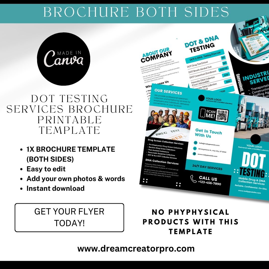 DOT Drug Testing Brochure Template | Mobile Drug & Alcohol Collection Services | Non-DOT Testing Flyer | Canva Editable Business Brochure