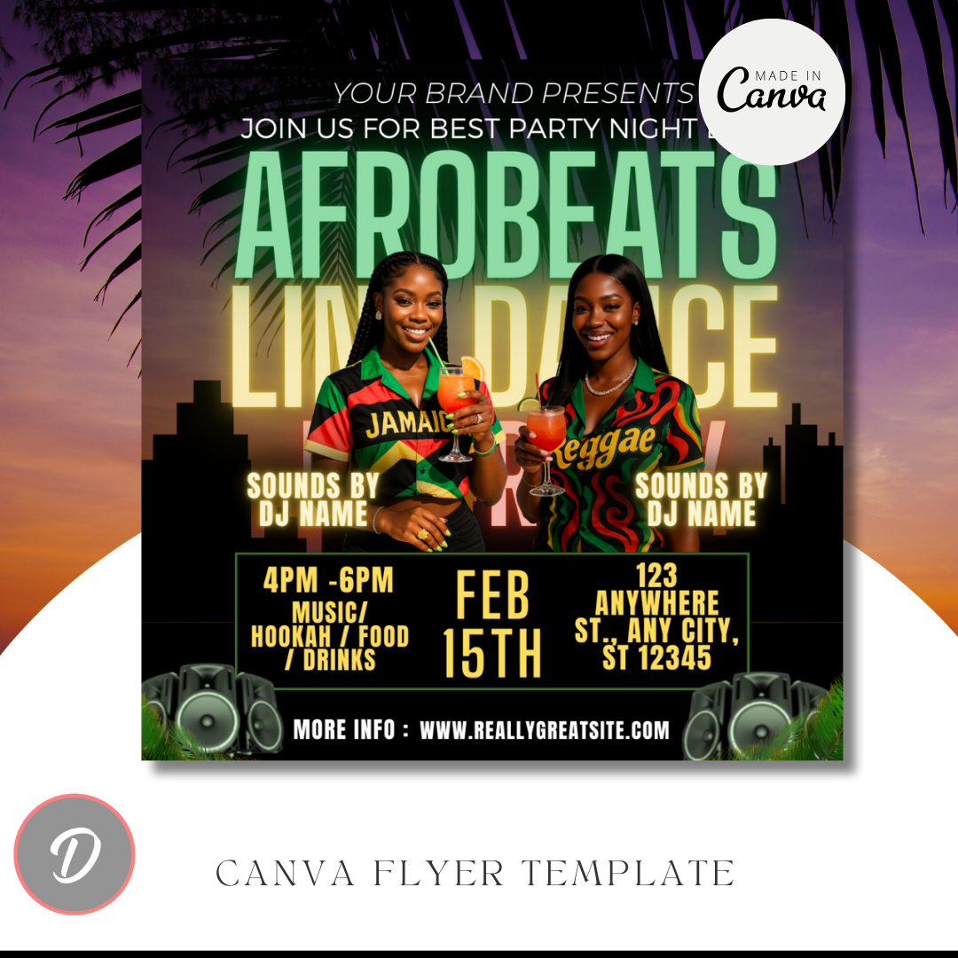 Reggae Club Night Flyer Template for Canva | IG Post | Editable Caribbean Party Flyer | Dancehall, Afrobeat, Island Vibes Event Promo