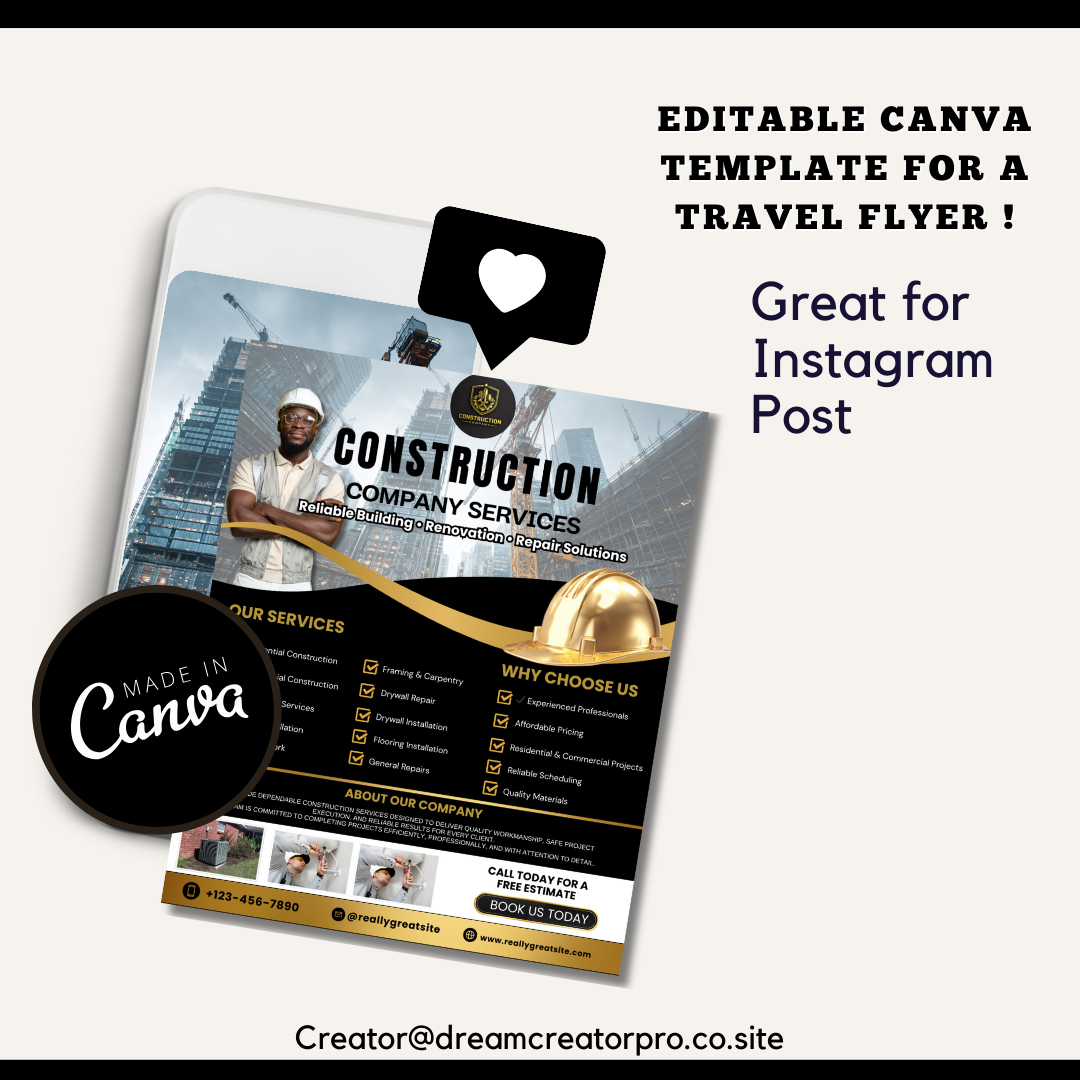 Construction Company Canva Template | Contractor Flyer Editable Marketing Template for Builders Remodelers Handyman Services