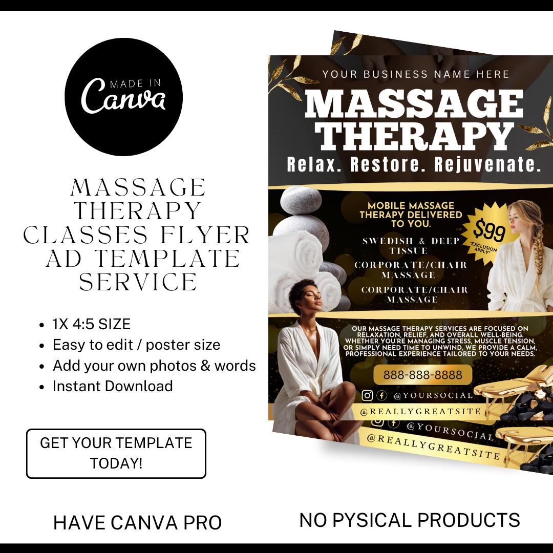 Mobile Massage Flyer Canva Template | Editable Massage Therapy Service Flyer | At-Home Spa & Wellness Printable Business Marketing