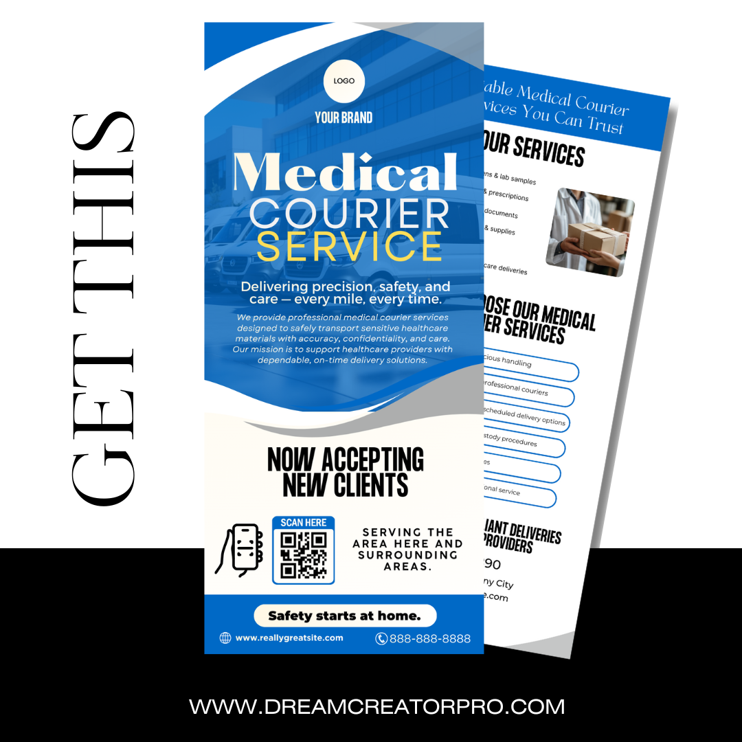 Medical Courier Services Rack Card Template | Healthcare Delivery Flyer | HIPAA Courier Marketing | Medical Transport Advertising | Canva Editable (Copy)