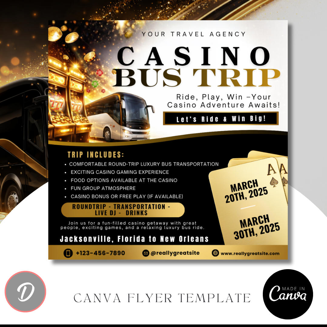 Casino Bus Trip Flyer Template / Travel Agent Canva / Travel Agency / Bus Service / Booking Template / DIY Travel Flyer / Gamble Getaway ig