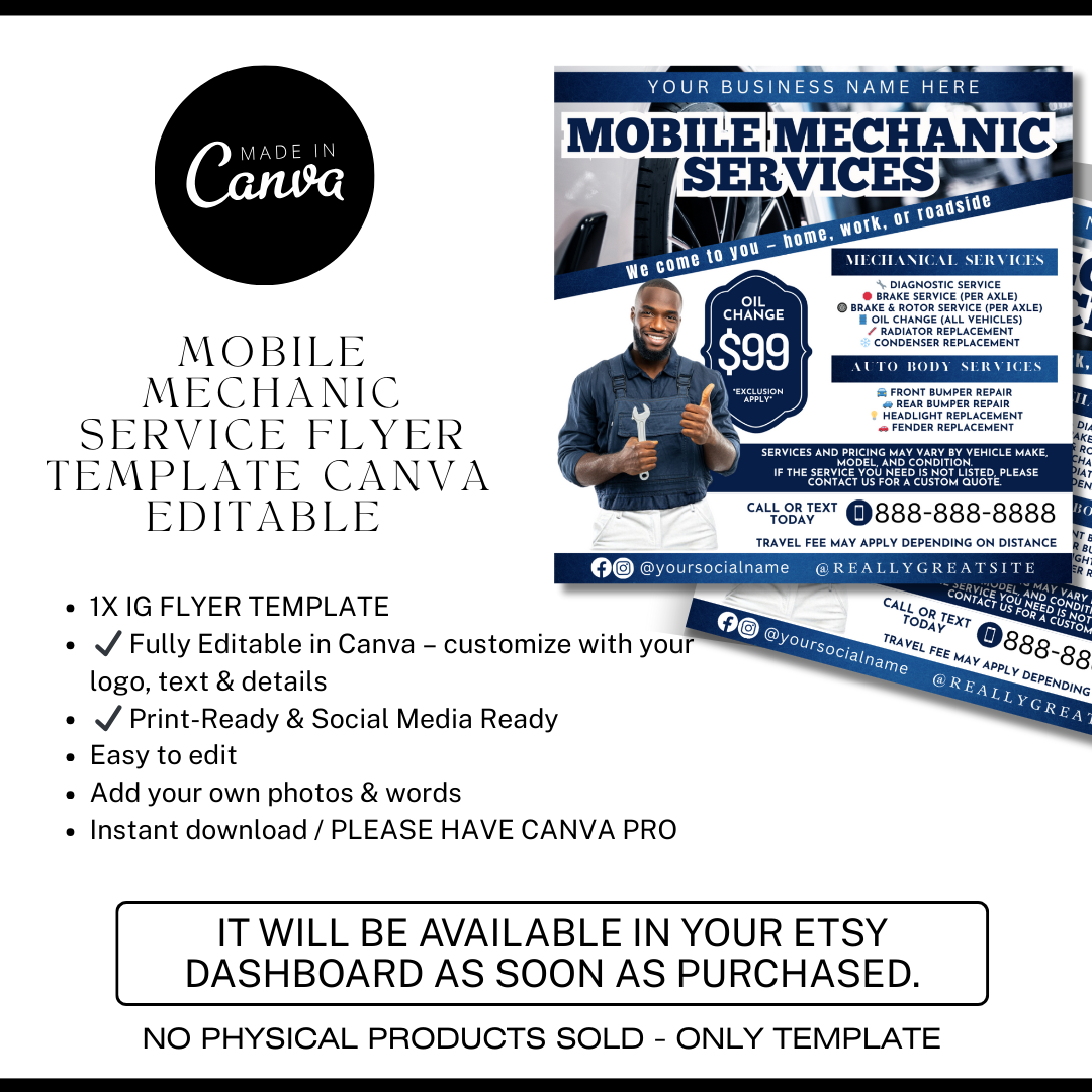Mobile Mechanic Flyer Template | Auto Repair Services Price List | Canva Editable Mechanic Flyer | Mobile Auto Repair Marketing (Copy) (Copy)