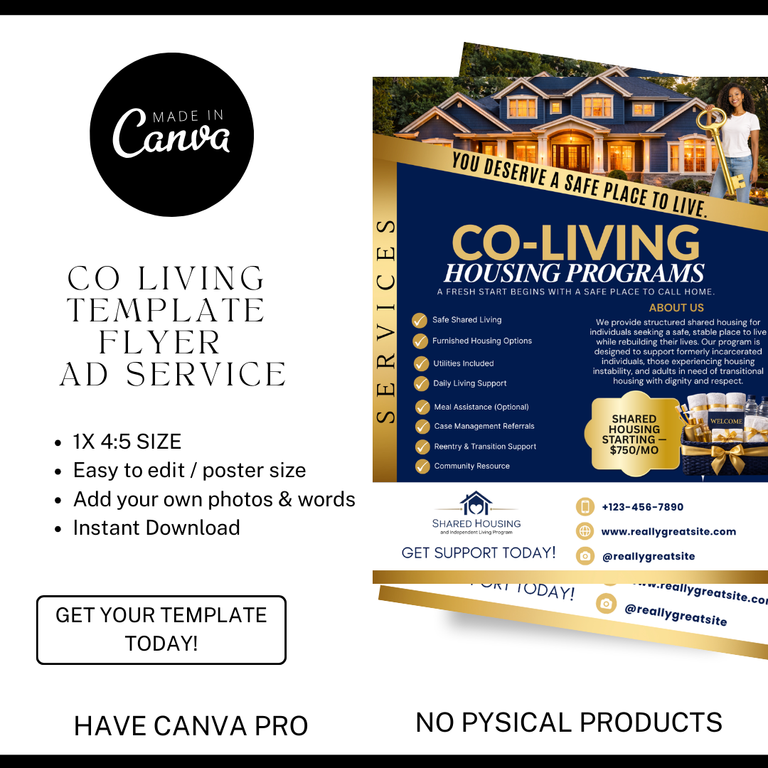 Shared Housing Flyer Template | Affordable Living Canva Flyer | Transitional Housing Room Rental Ad | Editable Design