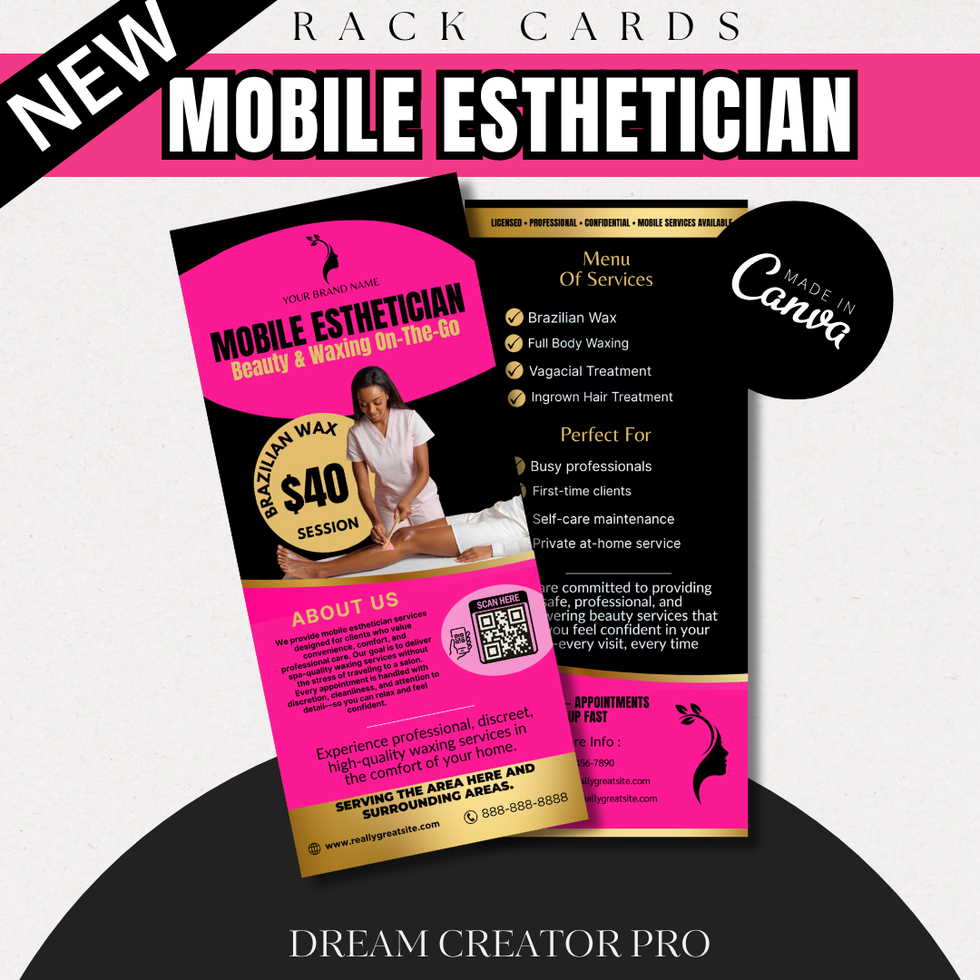 Mobile Esthetician Rack Card Printable | Waxing On-The-Go Marketing | Beauty Business Rack Card | Brazilian Wax Promo | Canva Template