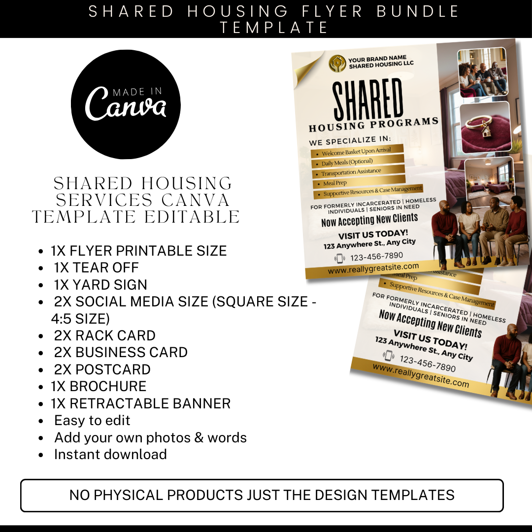 Shared Housing Canva Template Bundle | Reentry & Transitional Housing Marketing Kit | Flyers, Yard Sign, Rack Card, Brochure Banner Set