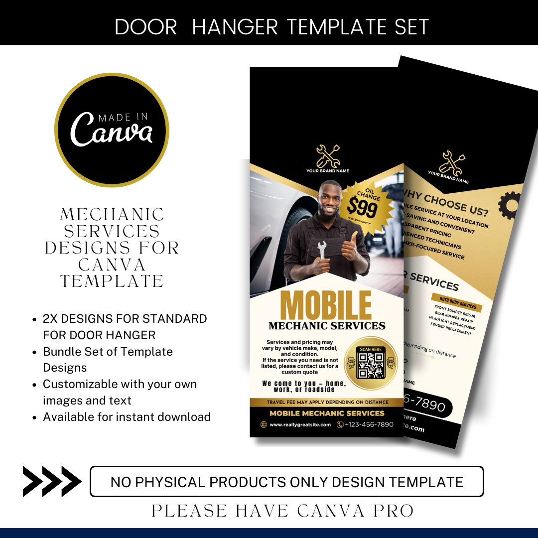 Mobile Mechanic Services Door Hanger Template | Auto Repair Door Hanger | Car Repair Marketing Flyer | Canva Editable Mechanic Template
