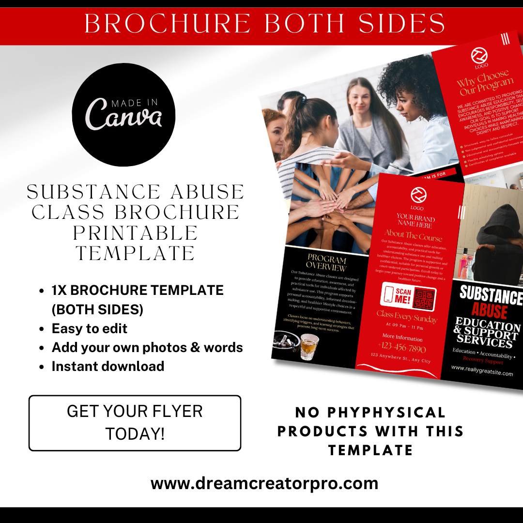 Substance Abuse Brochure Template | Addiction Education Program | Court Ordered Classes Flyer | Canva Editable Tri-Fold Brochure