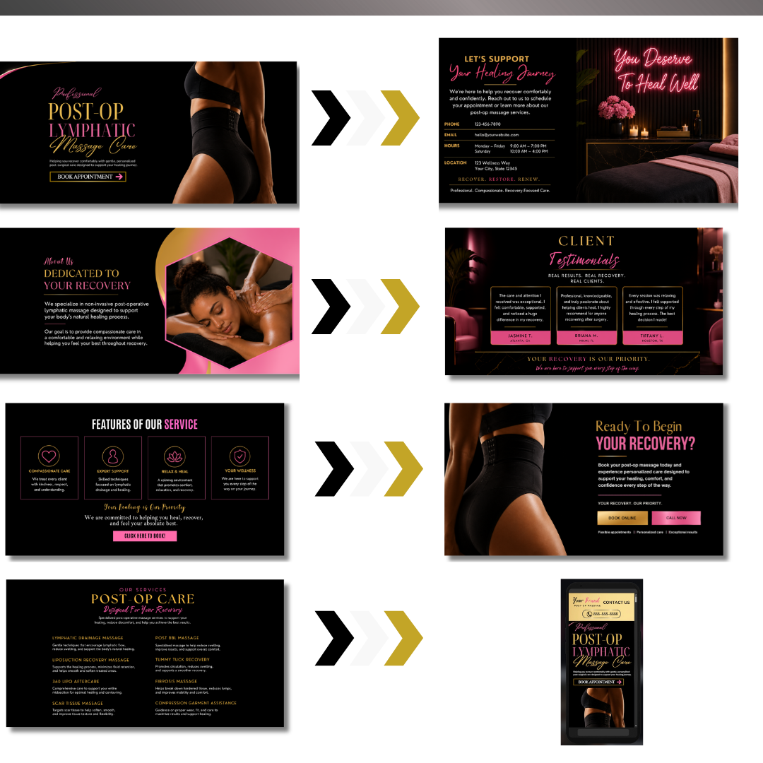 Post Op Massage Website Template Canva | Lymphatic Drainage Website | Recovery Massage Landing Page | Beauty Spa Website | Editable Canva Website