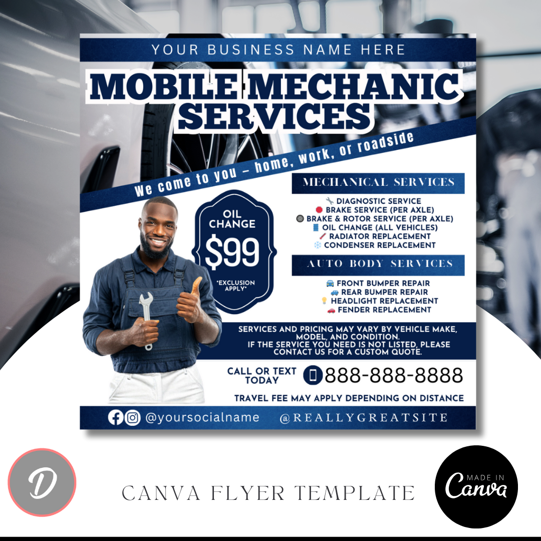 Mobile Mechanic Flyer Template | Auto Repair Services Price List | Canva Editable Mechanic Flyer | Mobile Auto Repair Marketing (Copy) (Copy)