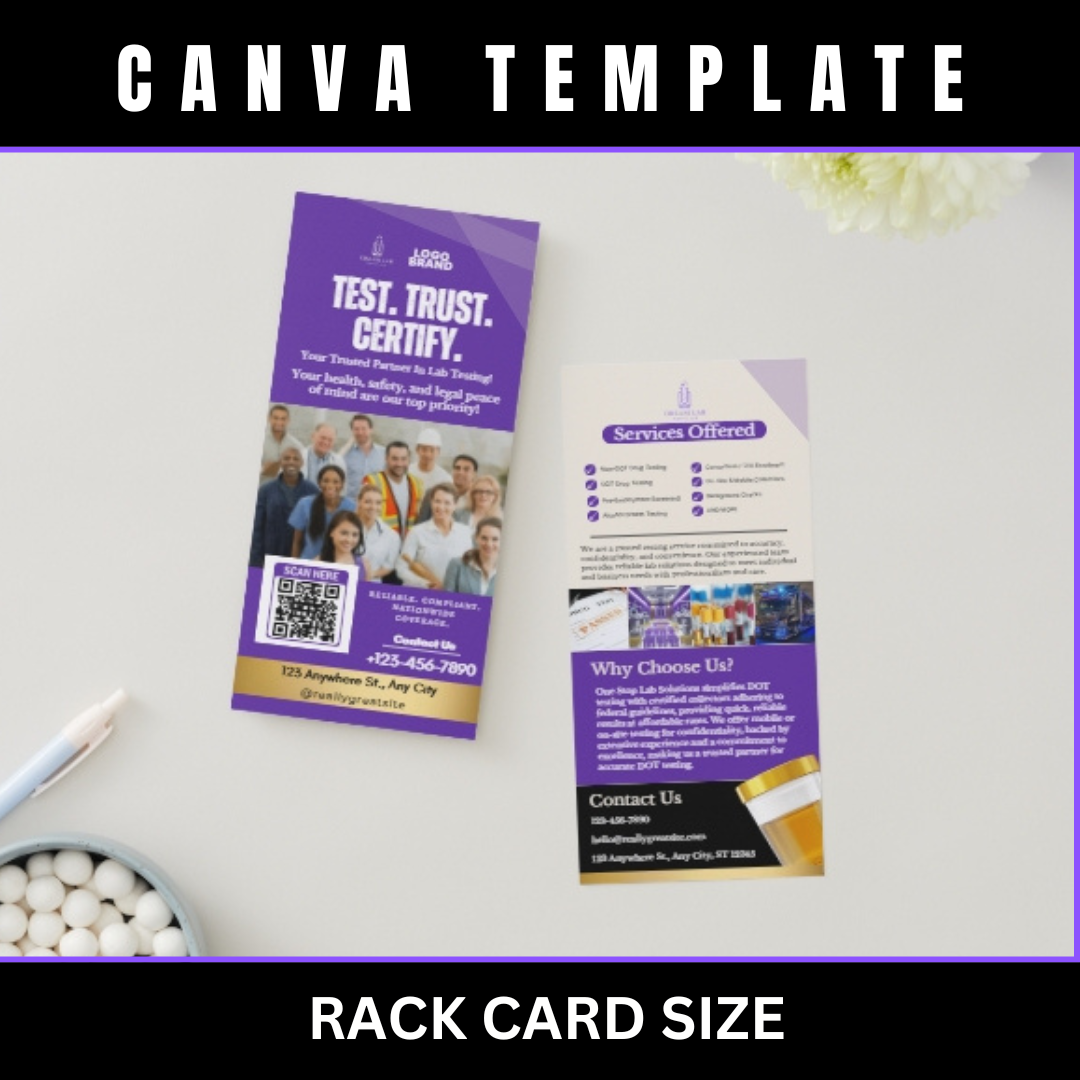DOT Testing Rack Card Canva Template | Editable Printable Rack Card for Drug Testing, DNA, Compliance & Mobile Lab Services / lab marketing