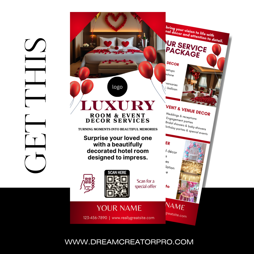 Hotel Room Event Decor Rack Card Template | Wedding, Proposal Party Decor Canva Design | Luxury Room Setup Marketing