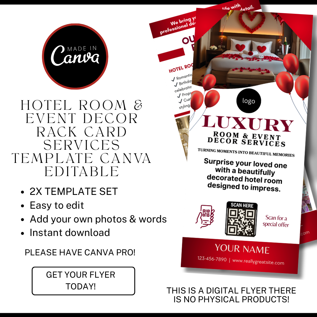 Hotel Room Event Decor Rack Card Template | Wedding, Proposal Party Decor Canva Design | Luxury Room Setup Marketing