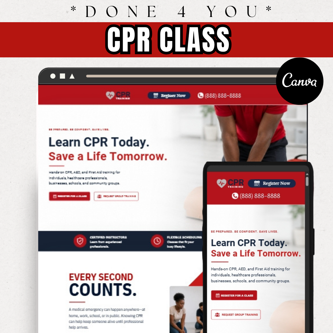 CPR Training Website Template Canva | CPR Class Landing Page | First Aid Website | AED Certification Business | Healthcare Instructor