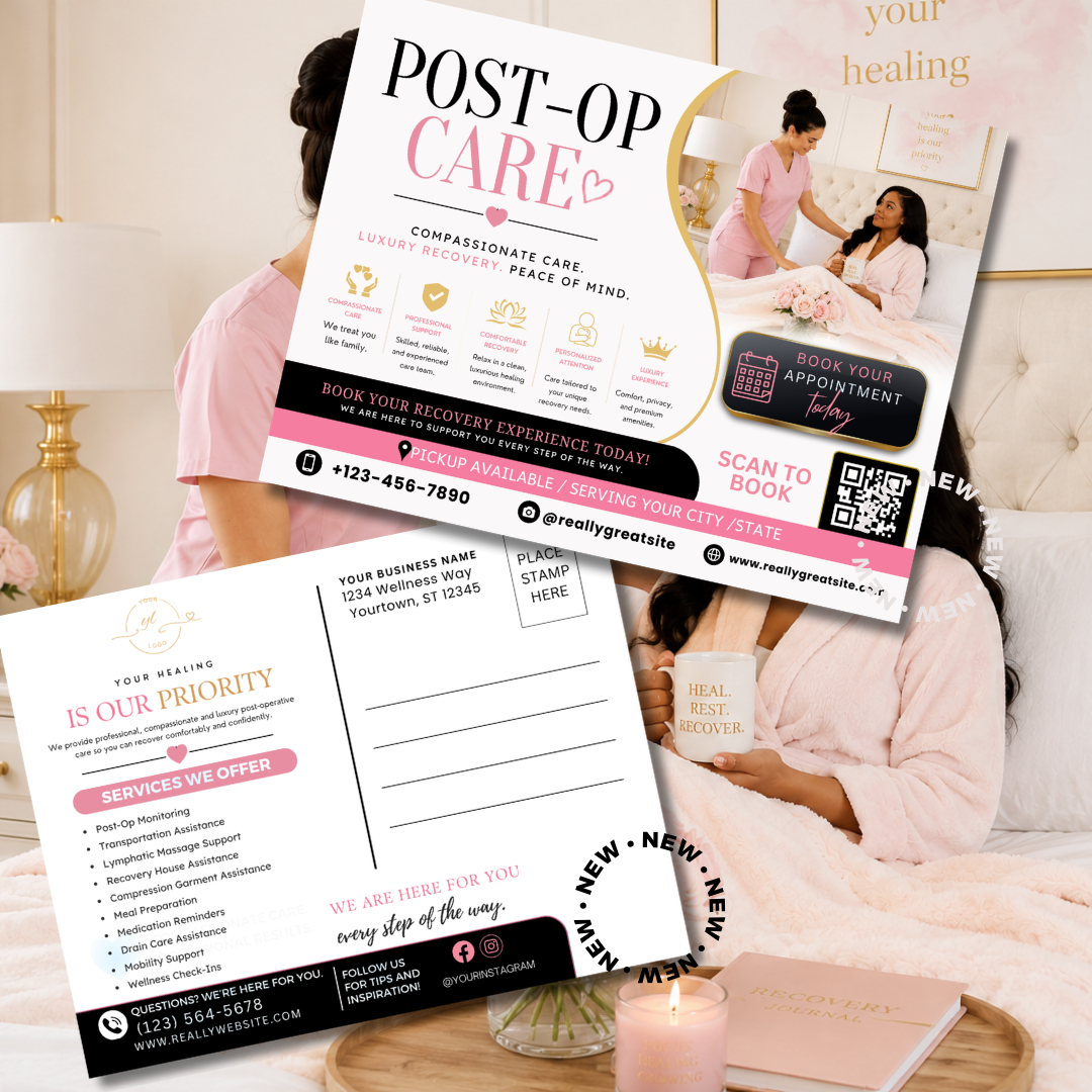 Post Op Care Canva Template Bundle | Luxury Recovery Business Branding Kit | Editable Website, Flyers, Brochure & Social Media Templates
