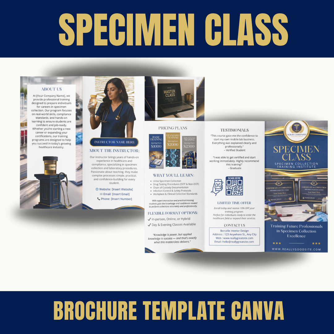 Specimen Collection Course Brochure Template | Drug Testing Training Flyer | Mobile Lab Certification Canva Template