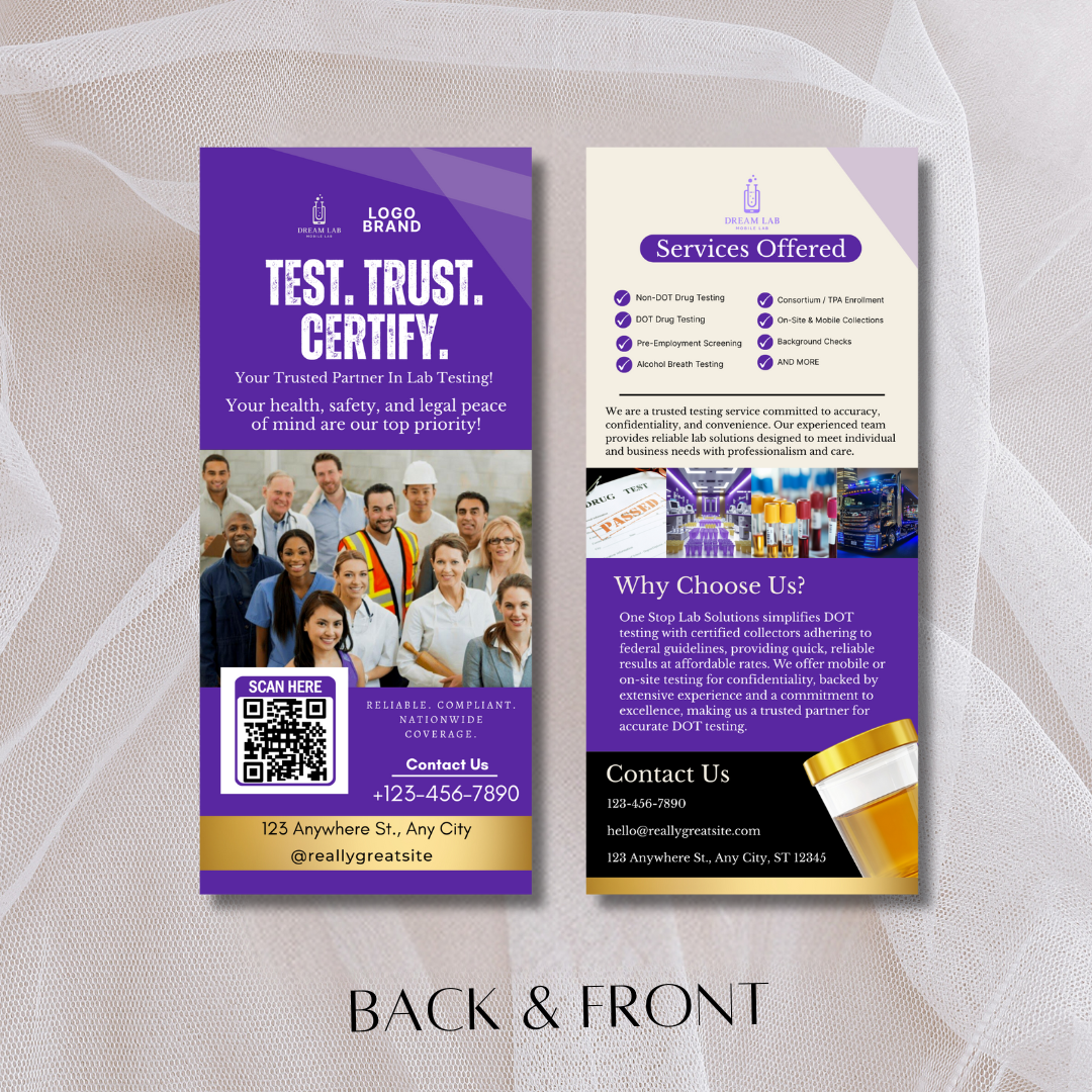 DOT Testing Rack Card Canva Template | Editable Printable Rack Card for Drug Testing, DNA, Compliance & Mobile Lab Services / lab marketing