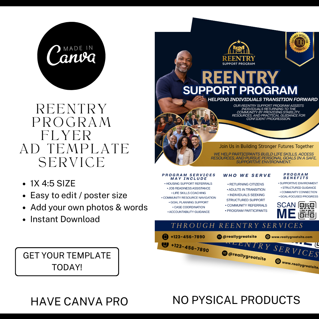 Reentry Program Flyer Template | Editable Canva Community Support Flyer | Returning Citizens Program Marketing Flyer