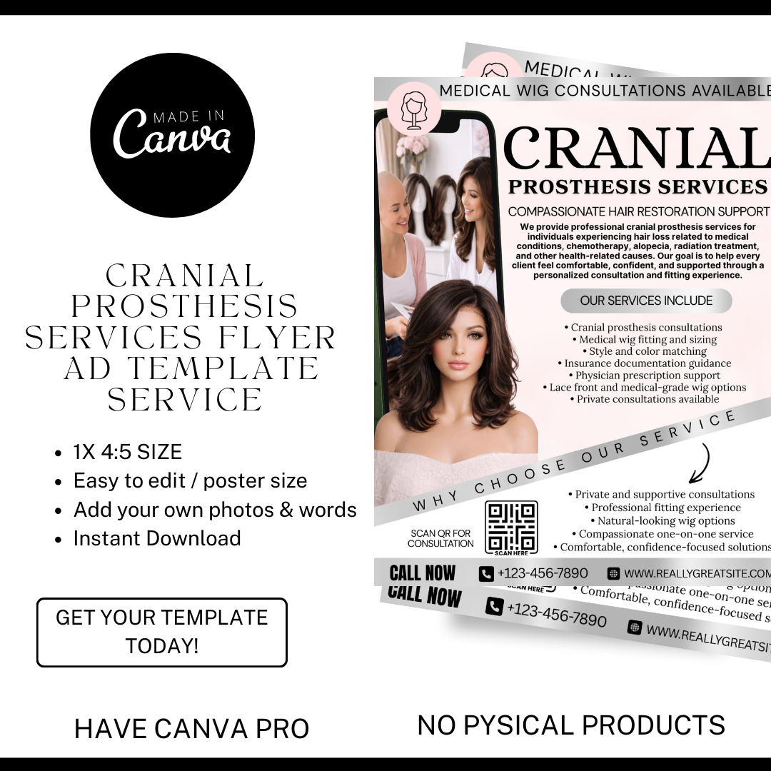 Cranial Prosthesis Service Flyer Template | Editable Canva Medical Wig Flyer | Hair Loss Consultation Marketing Template