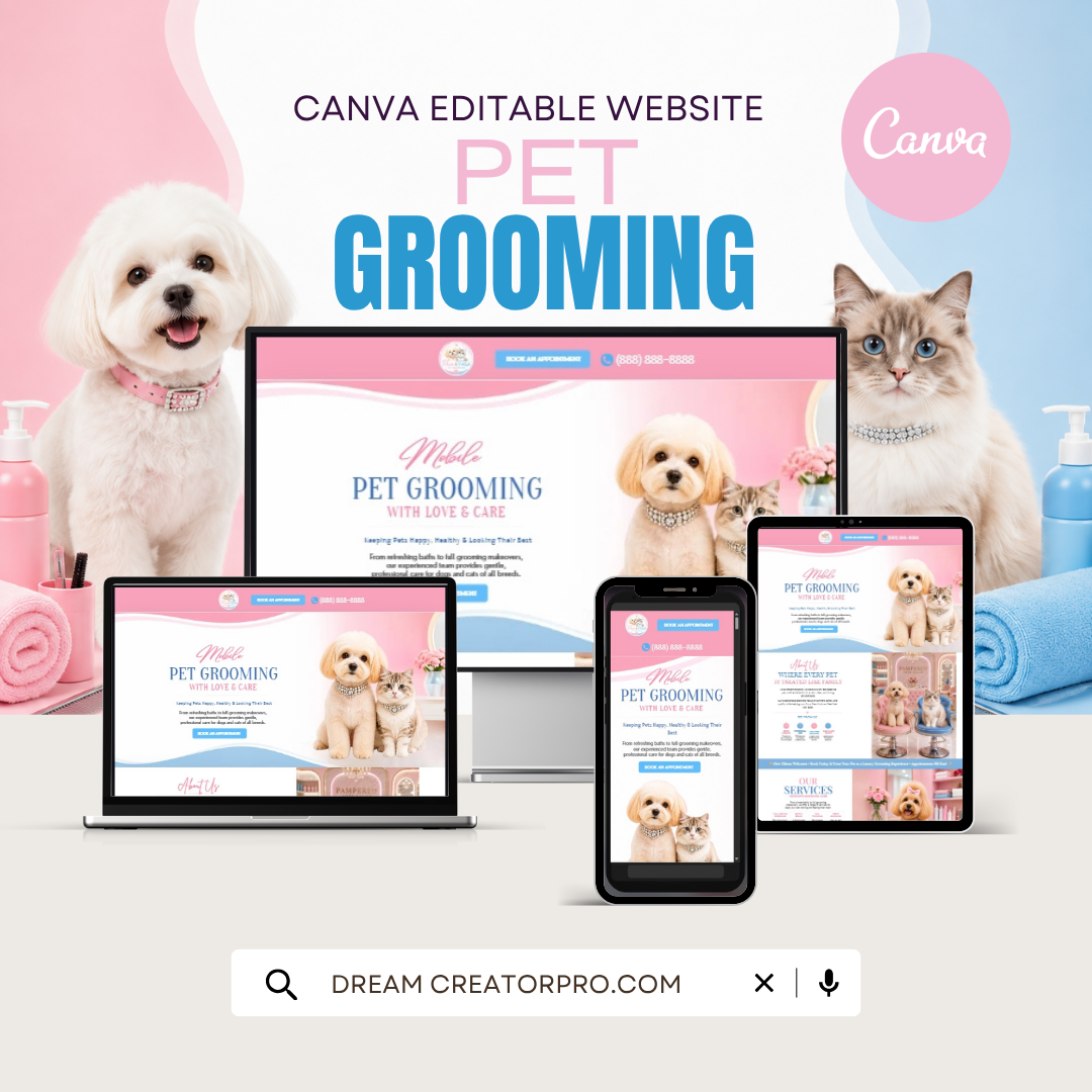 Mobile Pet Grooming Canva Website Template | Editable Dog & Cat Grooming Website