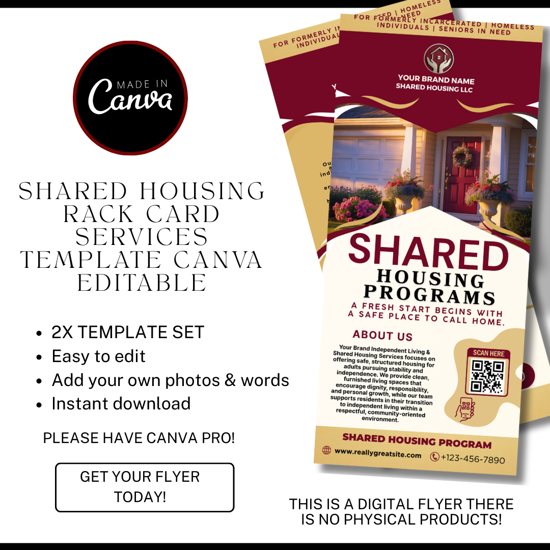 Shared Housing Rack Card Template | Independent Living & Reentry Housing Canva Marketing Card Design (Copy) (Copy)