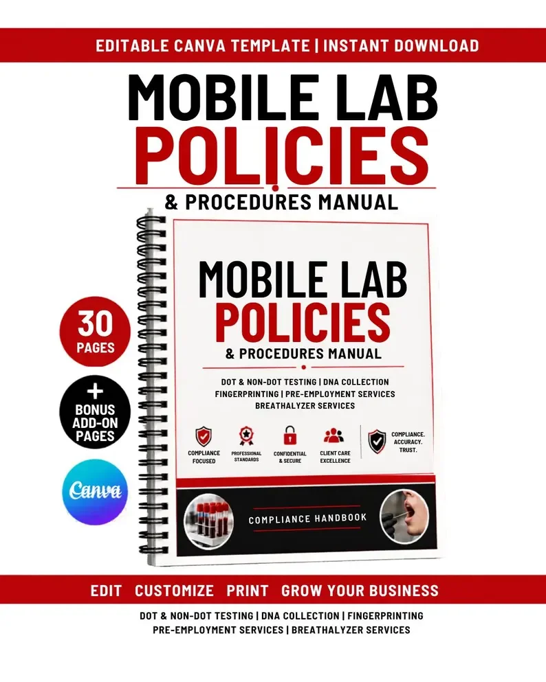 Mobile Lab Policies & Procedures Manual Canva Template | DOT Drug Testing SOP Handbook | DNA Fingerprinting Compliance Editable Forms