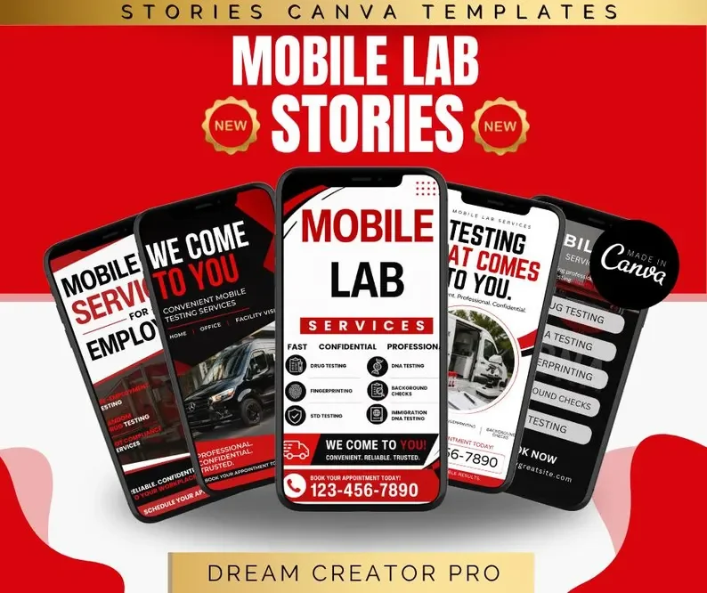 Mobile Lab Instagram Story Templates | Editable Healthcare Story Canva Bundle | Drug Testing DNA Fingerprinting Social Media Templates