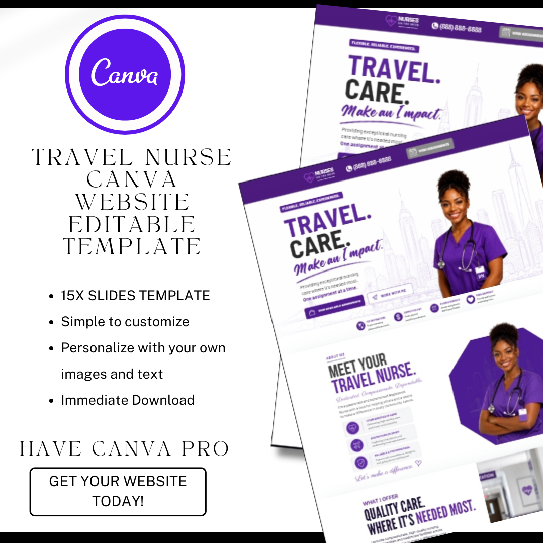 Travel Nurse Website Template Canva | Private Duty Nurse Website | RN Landing Page Design | Healthcare Website Template | Nursing Services