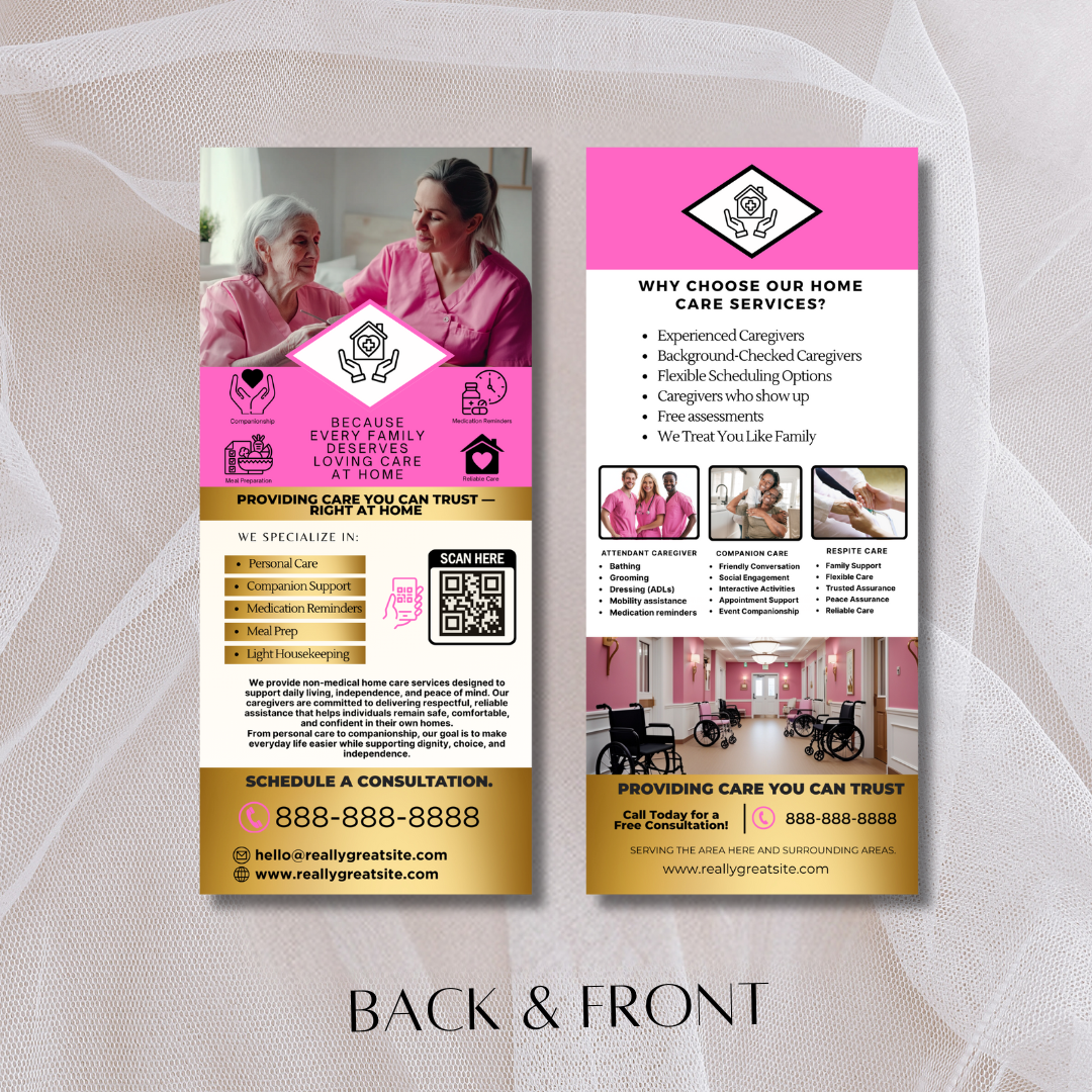 Home Care Service Rack Card / DIY Home Care Service Flyer/ Pink Home Care senior / Medical Template / Medical / Home Care / CNA / Printable