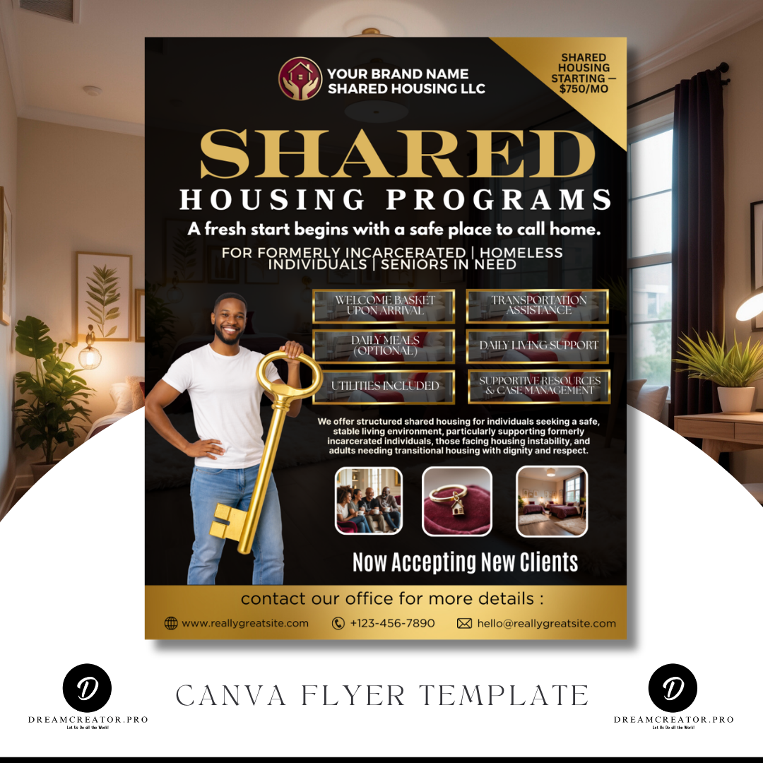 Shared Housing Flyer Template | Affordable Living Canva Flyer | Transitional Housing Room Rental Ad | Editable Design (Copy)