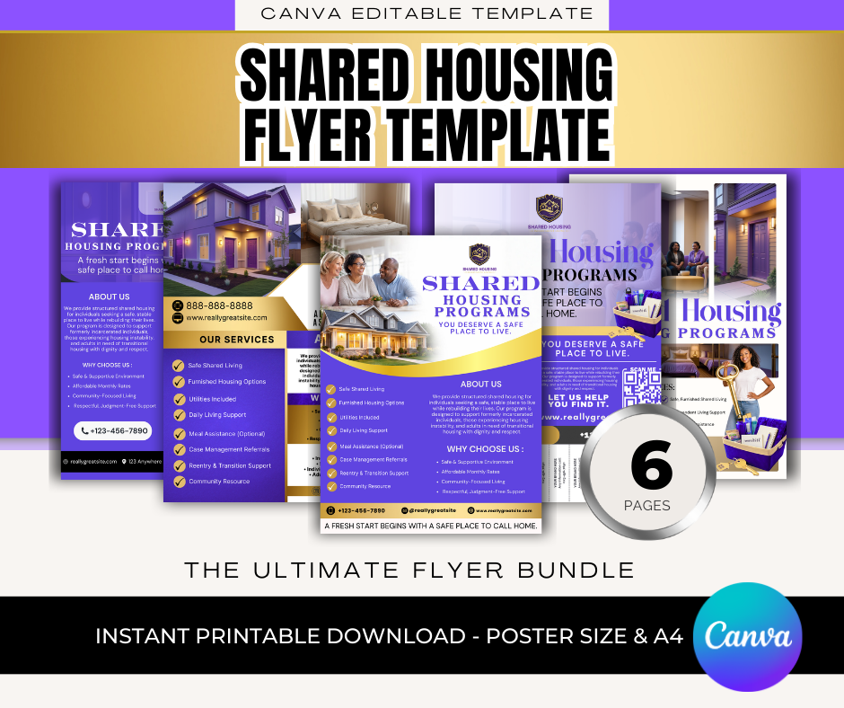Shared Housing & Independent Living Printable Flyer Bundle | Transitional Housing Canva Templates | Reentry, Seniors & Supportive Living