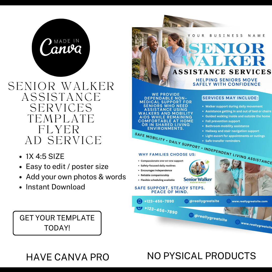 Senior Walker Assistance Flyer Template | Home Care Instagram Flyer | Senior Care Marketing Template | Editable Canva Flyer for Elderly Mobility Services