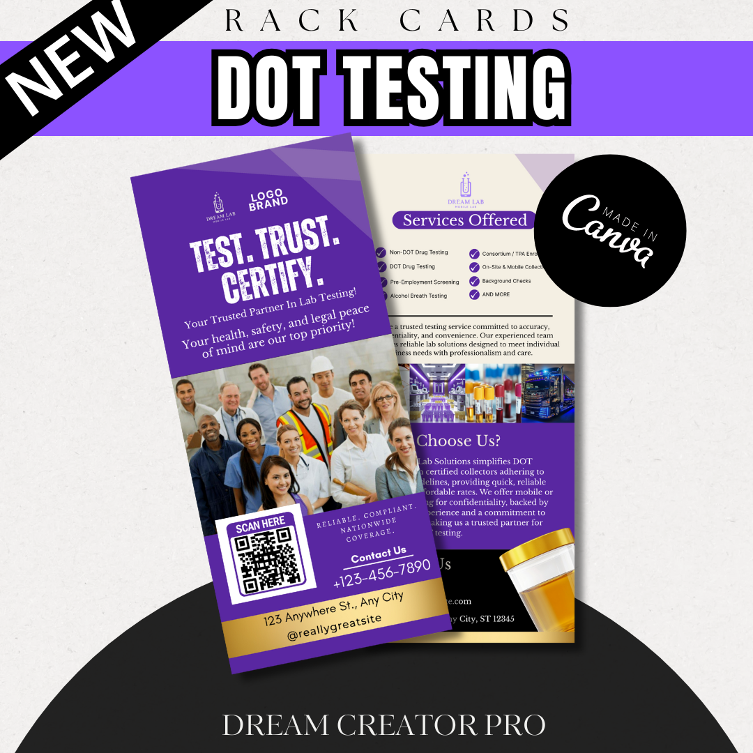 DOT Testing Rack Card Canva Template | Editable Printable Rack Card for Drug Testing, DNA, Compliance & Mobile Lab Services / lab marketing