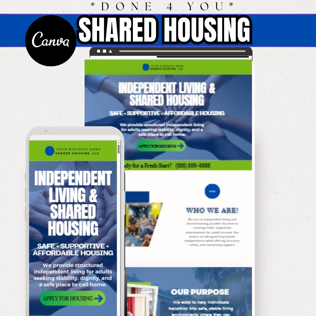 Independent Living Shared Housing Website Template | Editable Canva Site for Transitional Housing, Reentry & Support Services (Copy)