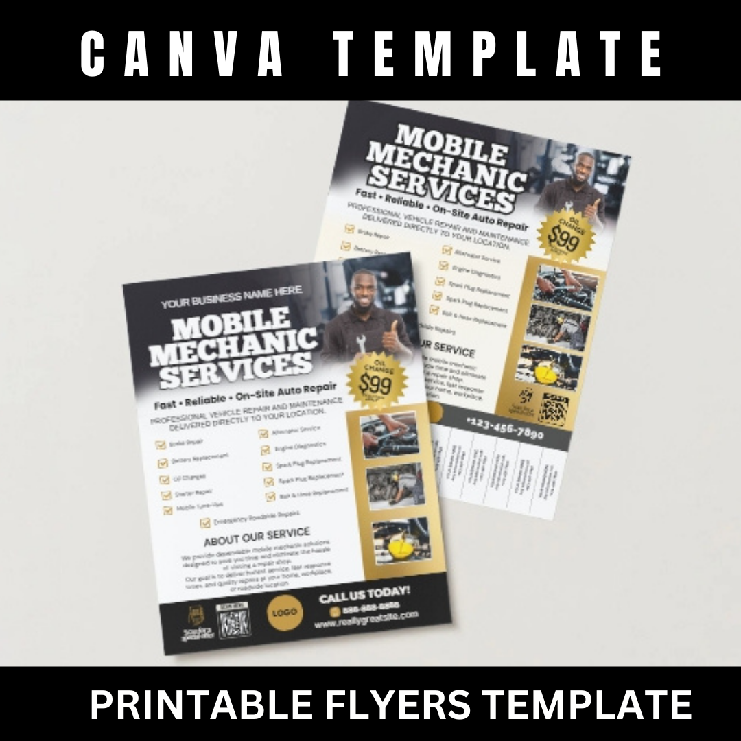 Mobile Mechanic Canva Template Bundle | Flyer Brochure Tear Off Flyer Business Card Rack Card Yard Sign Instagram Auto Repair Marketing Kit