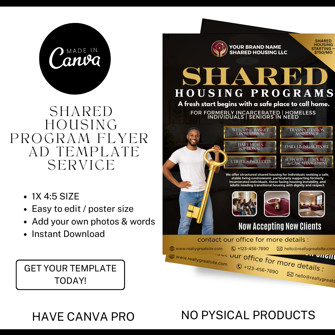 Shared Housing Flyer Template | Affordable Living Canva Flyer | Transitional Housing Room Rental Ad | Editable Design (Copy)