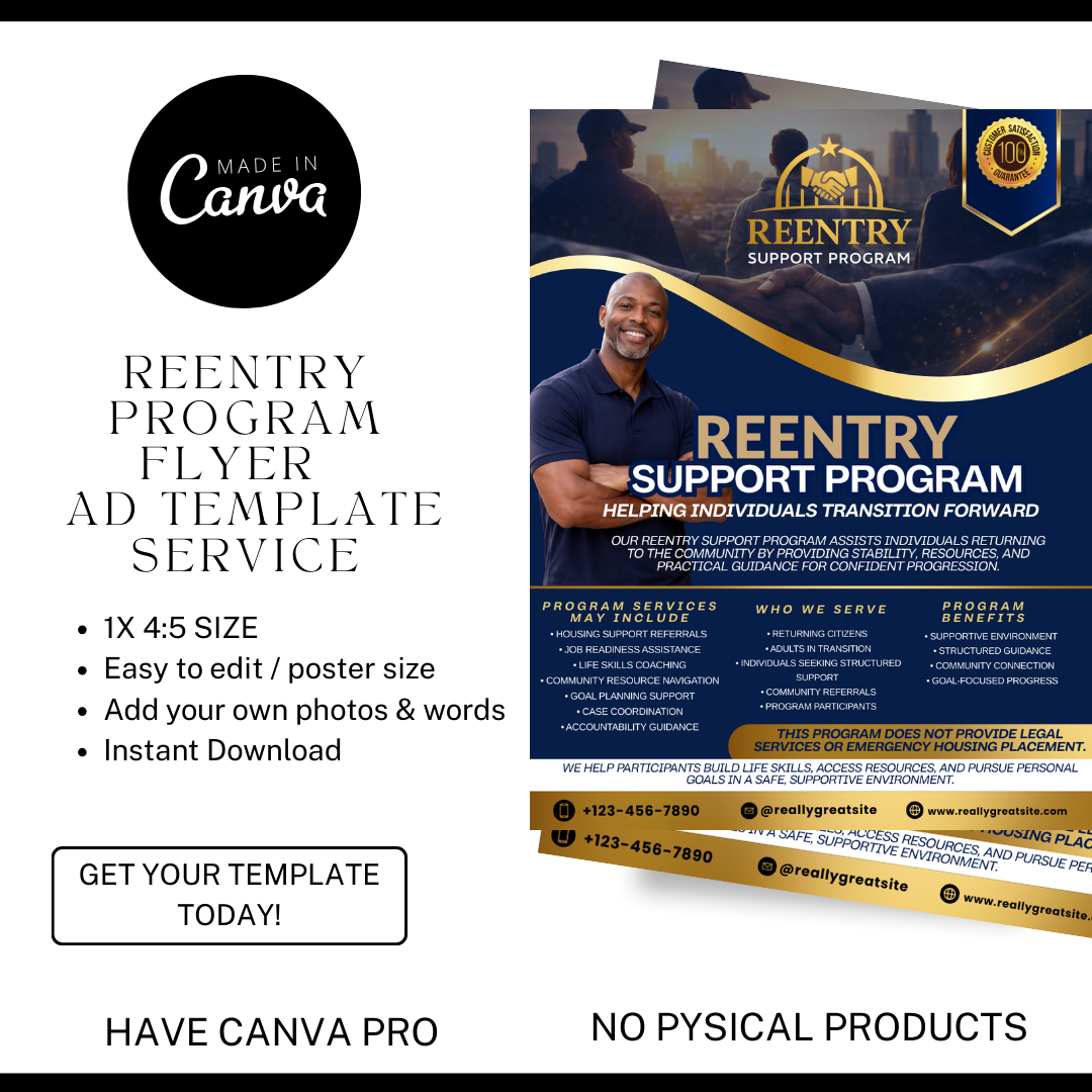 Reentry Program Flyer Template | Editable Canva Community Support Flyer | Returning Citizens Program Marketing Flyer