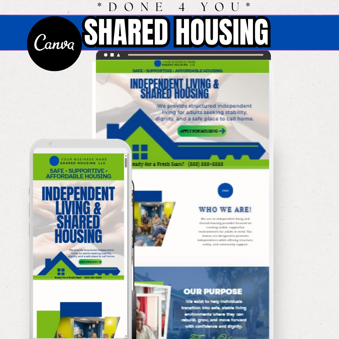 Independent Living Shared Housing Website Template | Editable Canva Site for Transitional Housing, Reentry & Support Services (Copy) (Copy)