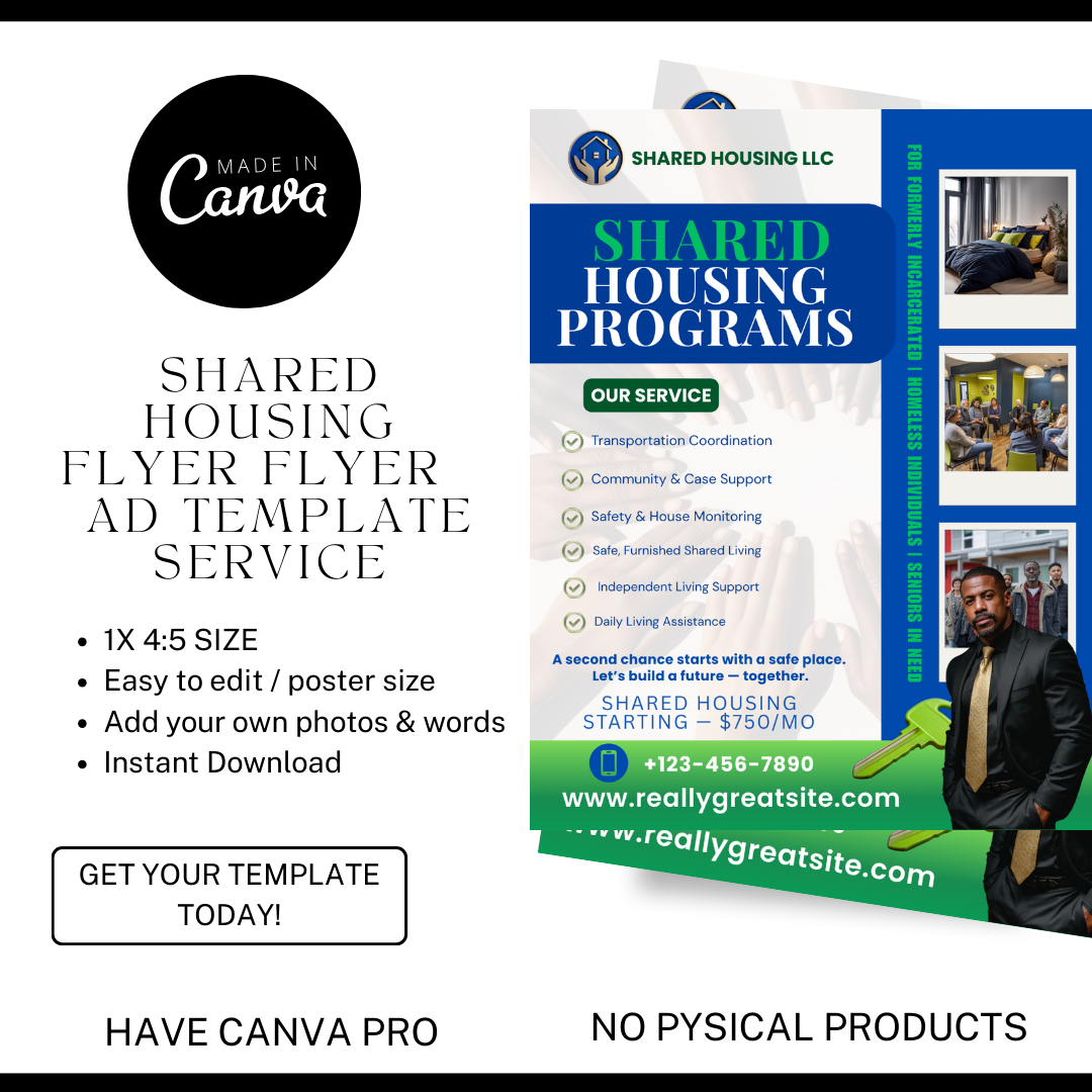 Shared Housing Flyer Template | Affordable Living Canva Flyer | Transitional Housing Room Rental Ad | Editable Design (Copy) (Copy)