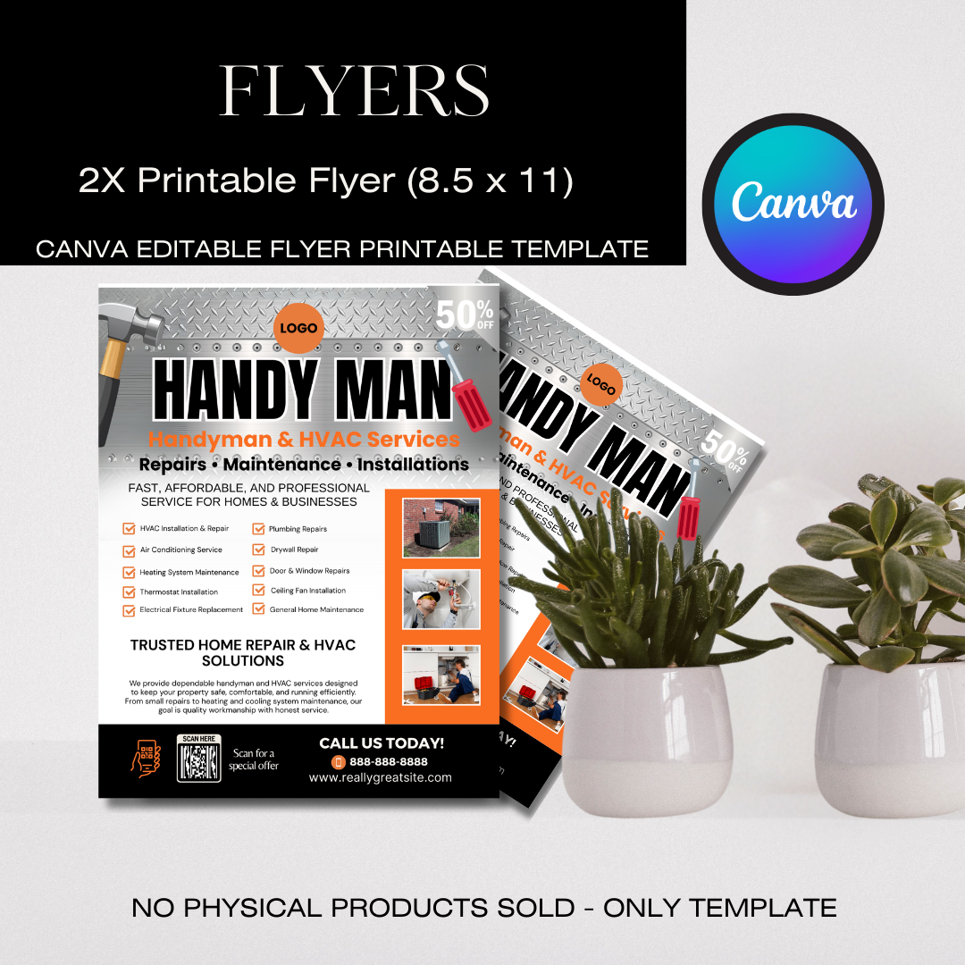 Handyman HVAC Marketing Bundle Canva Template | Flyer, Brochure, Tear Off Flyer, Business Card, Rack Card, Yard Sign, Instagram Post Editable Template