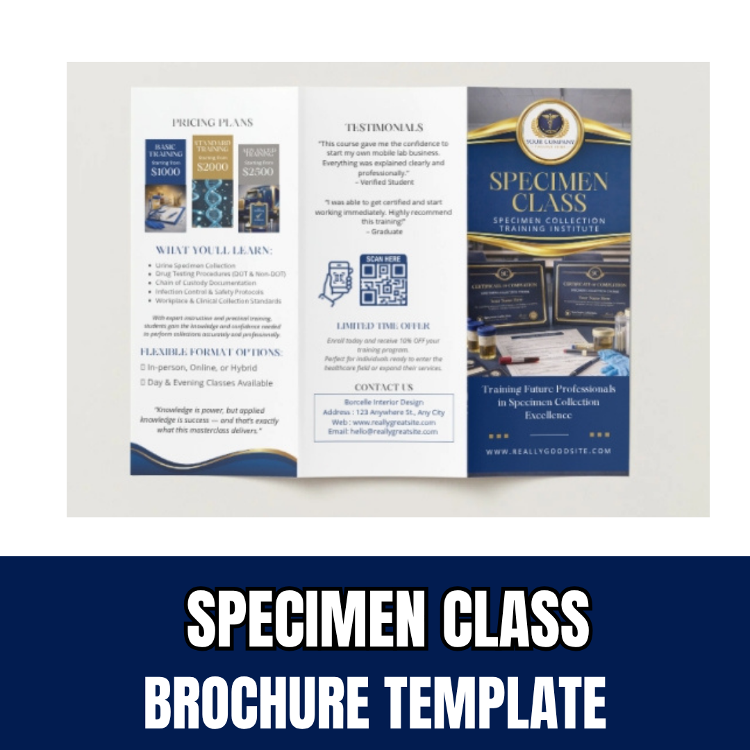 Specimen Collection Course Brochure Template | Drug Testing Training Flyer | Mobile Lab Certification Canva Template