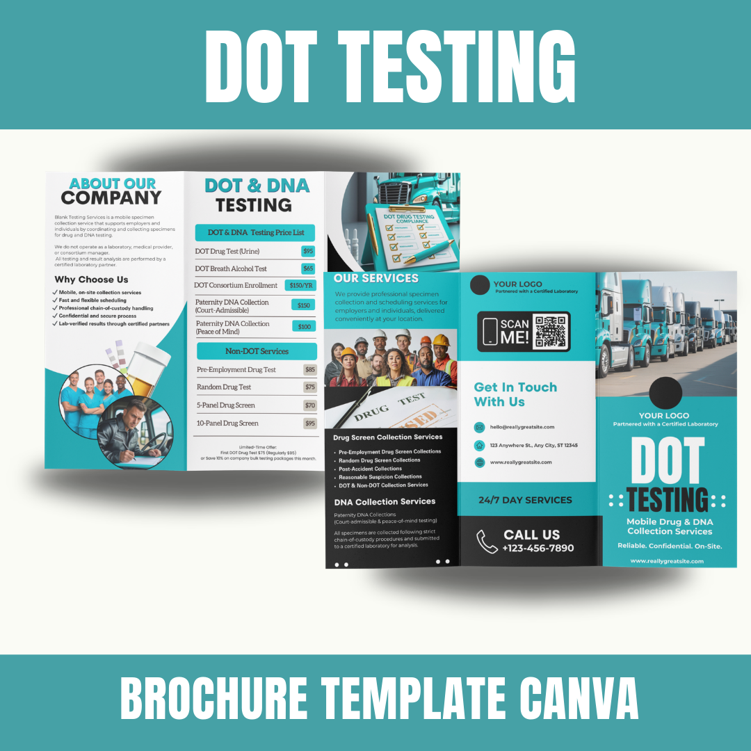 DOT Drug Testing Brochure Template | Mobile Drug & Alcohol Collection Services | Non-DOT Testing Flyer | Canva Editable Business Brochure