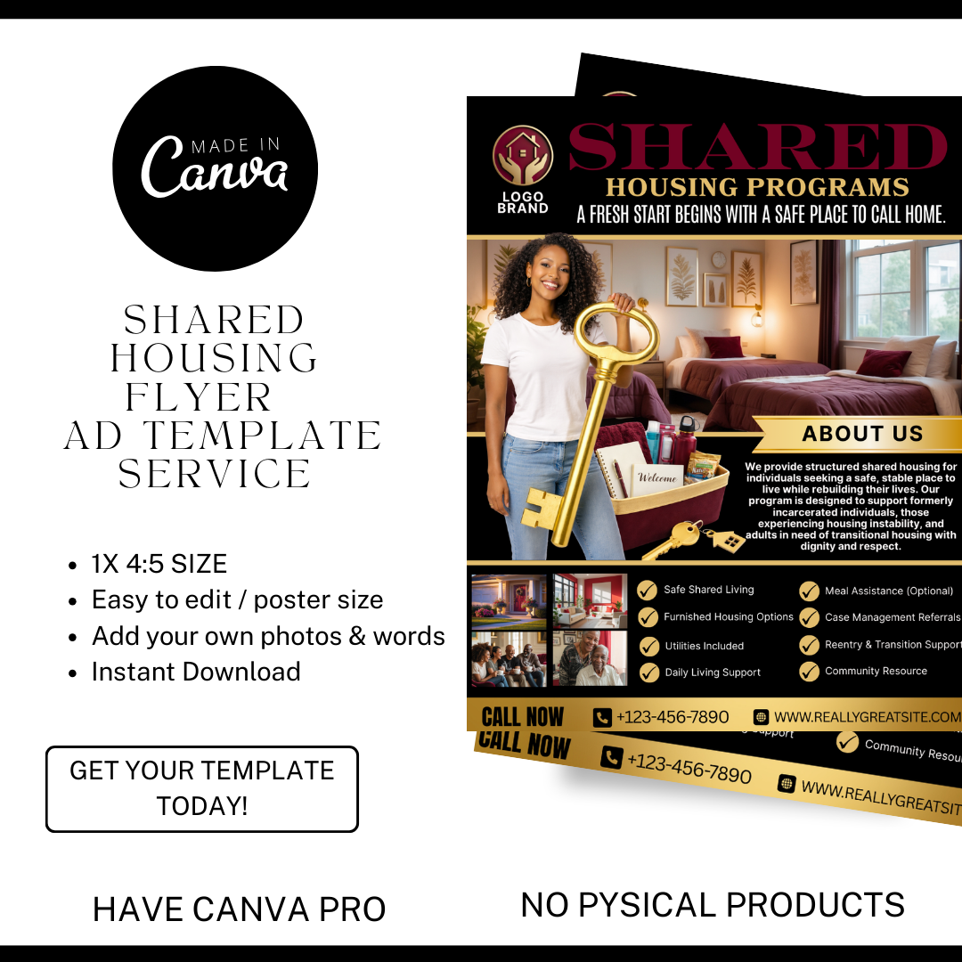Shared Housing Flyer Template | Affordable Living Canva Flyer | Transitional Housing Room Rental Ad | Editable Design