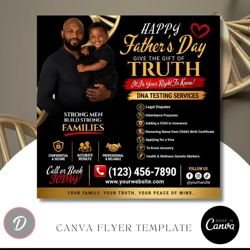 Father’s Day DNA Testing Flyer Template | Editable Canva DNA Services Flyer | Paternity Test Marketing Flyer | DNA Testing Social Media Post (Copy)
