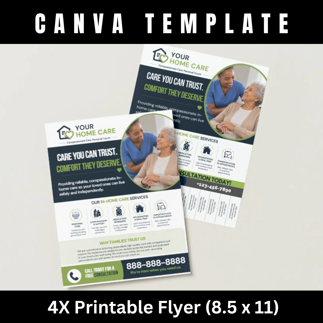 Home Care Marketing Bundle Canva Templates | Caregiver Flyer, Brochure, Yard Sign, Postcard, Business Card, Social Media Kit for Home Care Business