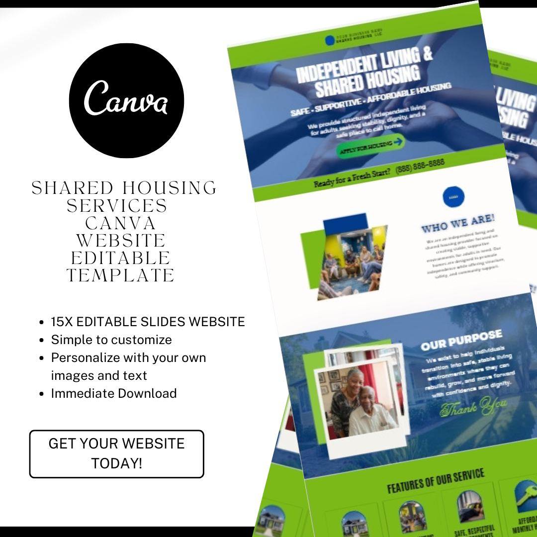 Independent Living Shared Housing Website Template | Editable Canva Site for Transitional Housing, Reentry & Support Services (Copy)