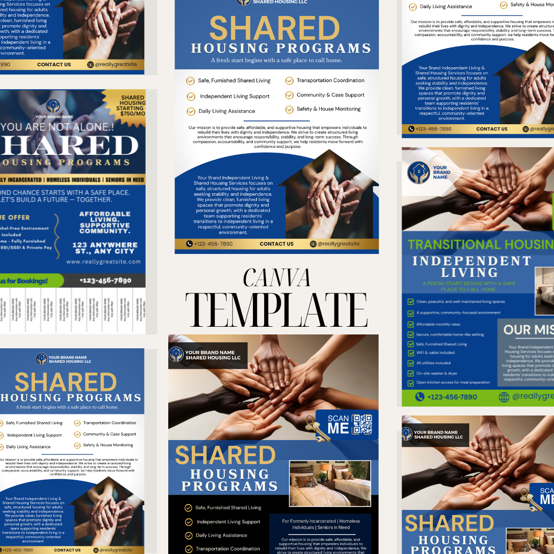 Shared Housing & Independent Living Printable Flyer Bundle | Transitional Housing Canva Templates | Reentry, Seniors & Supportive Living