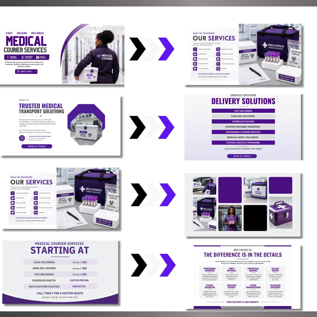 Medical Courier Website Template | Healthcare Logistics Canva Website | Specimen Transport Business Website | Editable Canva Design